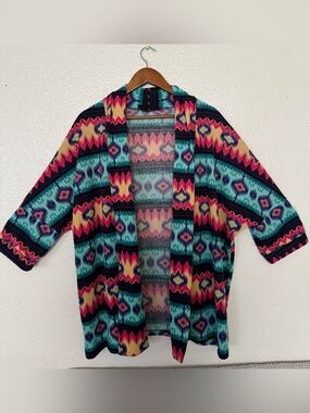 Peach Love California Aztec Open-Front Cardigan in Teal, Pink and Navy Sz L